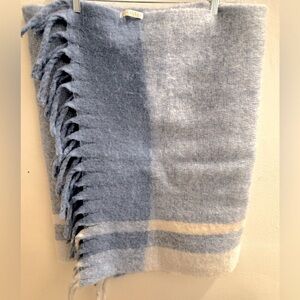 Blue and Off White Fringed Wool Scarf